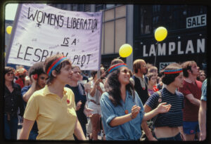 People marching in a parade with a sign that reads "women's liberation is a lesbian plot"
