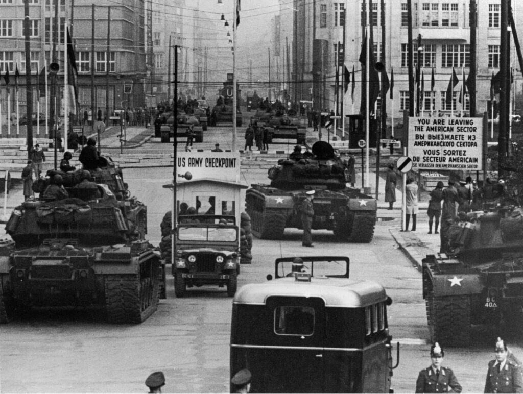 U.S. M48 tanks face Soviet T-55 tanks at Checkpoint Charlie