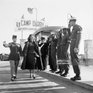 Sophia Loren visits U.S. soldiers at Camp Darby near Leghorn (Livorno), Italy