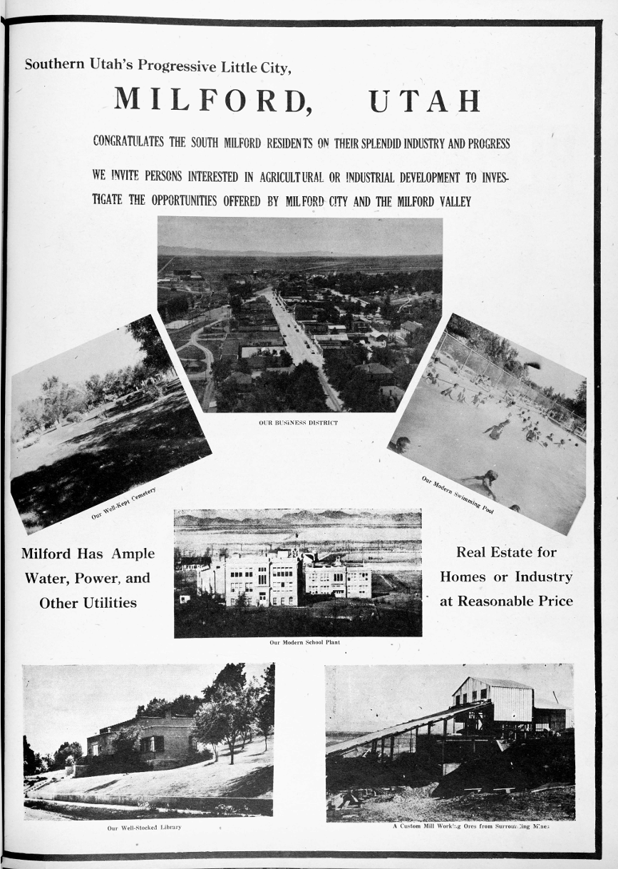 A black-and-white newspaper page from the Milford News dated October 30, 1952. It features a promotional spread celebrating the growth and development of Milford, Utah. Large bold text congratulates residents of South Milford and invites others to explore local opportunities in agriculture and industry. The page is filled with small photographs showing the town’s business district, school, library, and a custom ore mill. Decorative captions highlight Milford’s access to utilities like water and power, and emphasize its readiness for future growth.