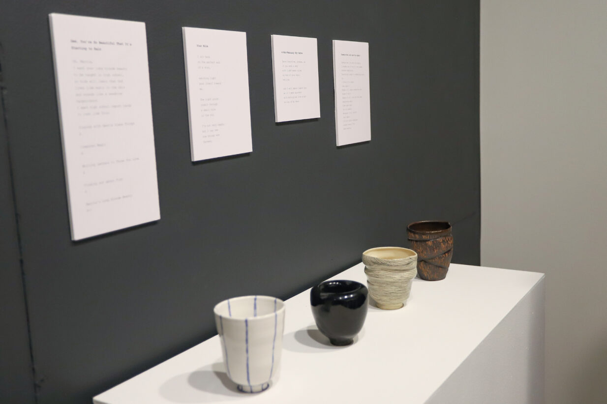 picture of Veronika Yadukha's exhibition of ceramic tea bowls on display at Dickinson College