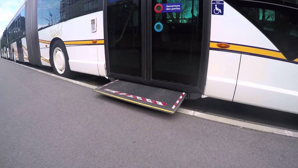Image shows bus ramp to allow people in wheelchairs to easily board the bus.